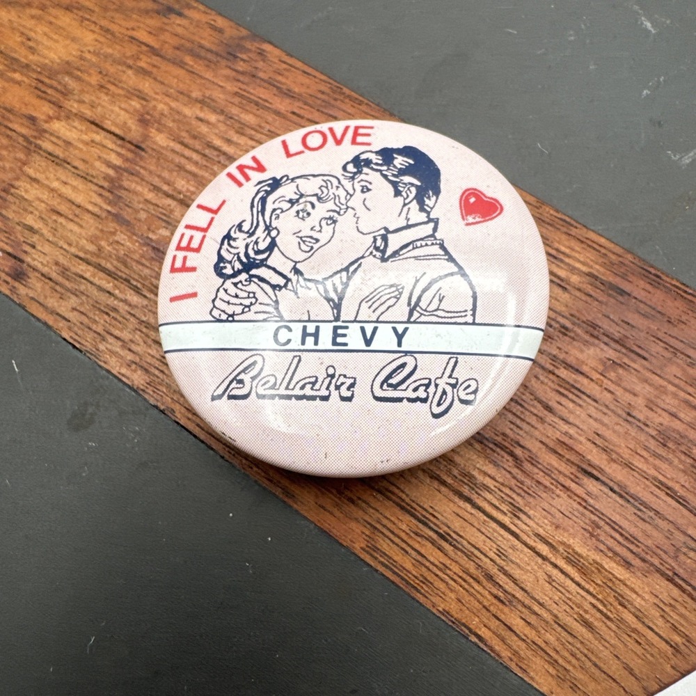 RARE 1950's Chevrolet Belair Cafe Button I Fell In Love Pink, Couple HTF